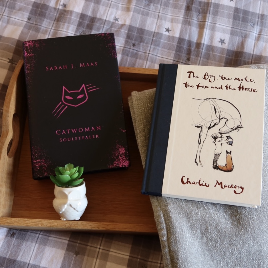 Two hardback books balanced on a tray on a bed, with the covers facing up. On the left is the Illumicrate copy of Catwoman Soulstealer by Sarah J Maas, underneath it is a fake plant. On the right, resting on a blanket, is a copy of The Boy, the mole, the fox and the Horse by Charlie Mackery.