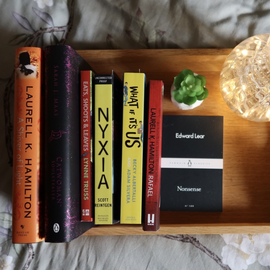 On a tray there is a stack of books which are their spines, 2 of which are hardbacks and 4 are paperbacks. Next to this pile is a copy of Nonsense by Edward Lear, a plant, and a vase filled with lights.